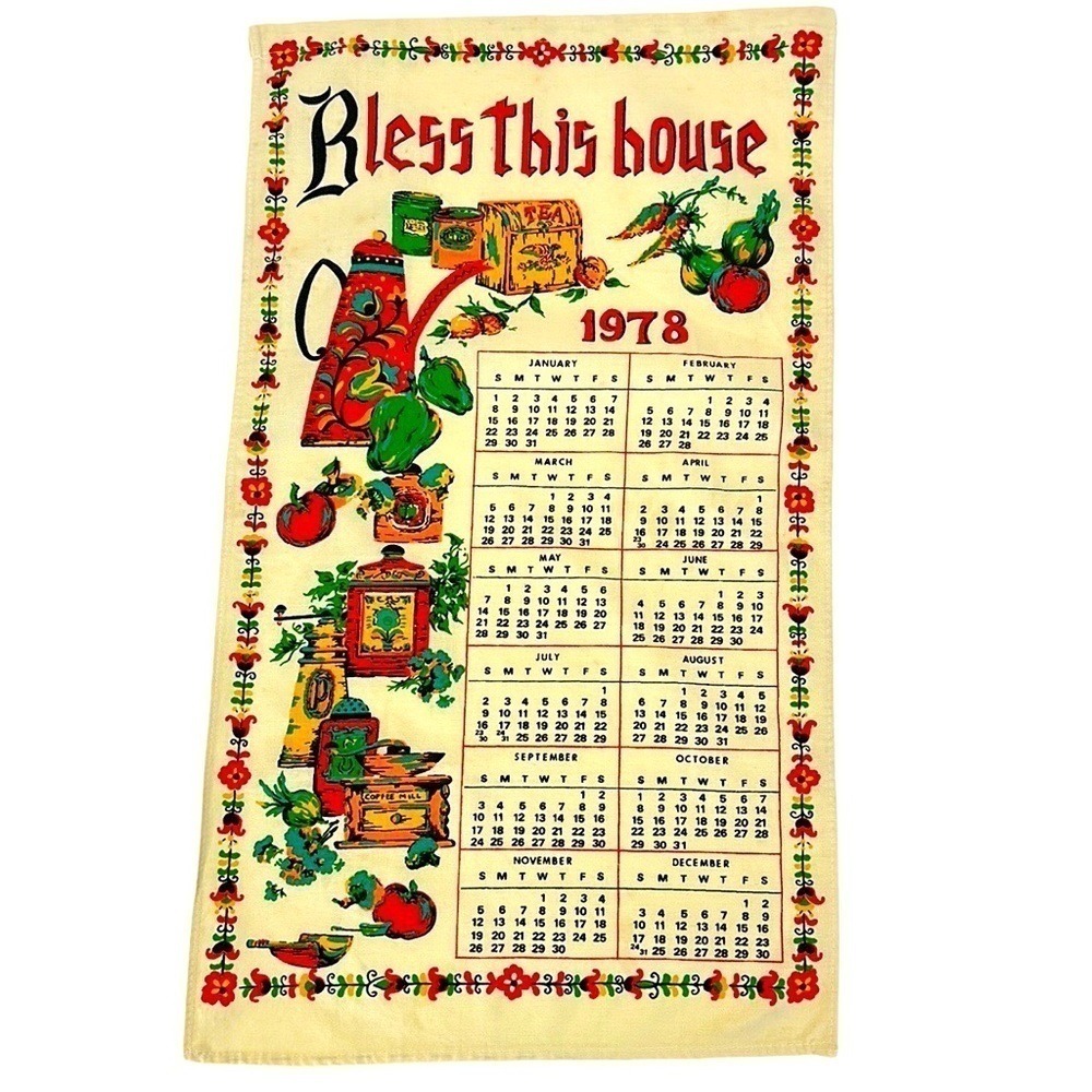 Vtg 70’s Calendar Kitchen Tea‎ Towel Bless This House 1978 Vibrant Colors Retro